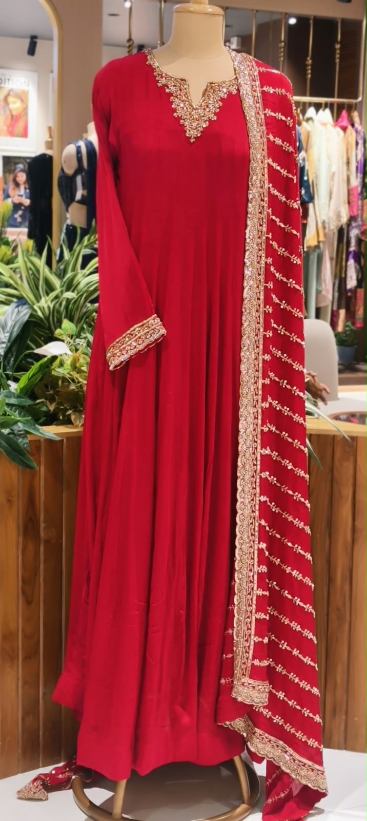 Vibrant Red Georgette Anarkali Full Suit Set with Zardozi Embroidered Neckline & Heavy Hand-Embellished Border Dupatta- 16629