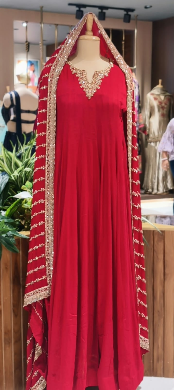 Vibrant Red Georgette Anarkali Full Suit Set with Zardozi Embroidered Neckline & Heavy Hand-Embellished Border Dupatta- 16629