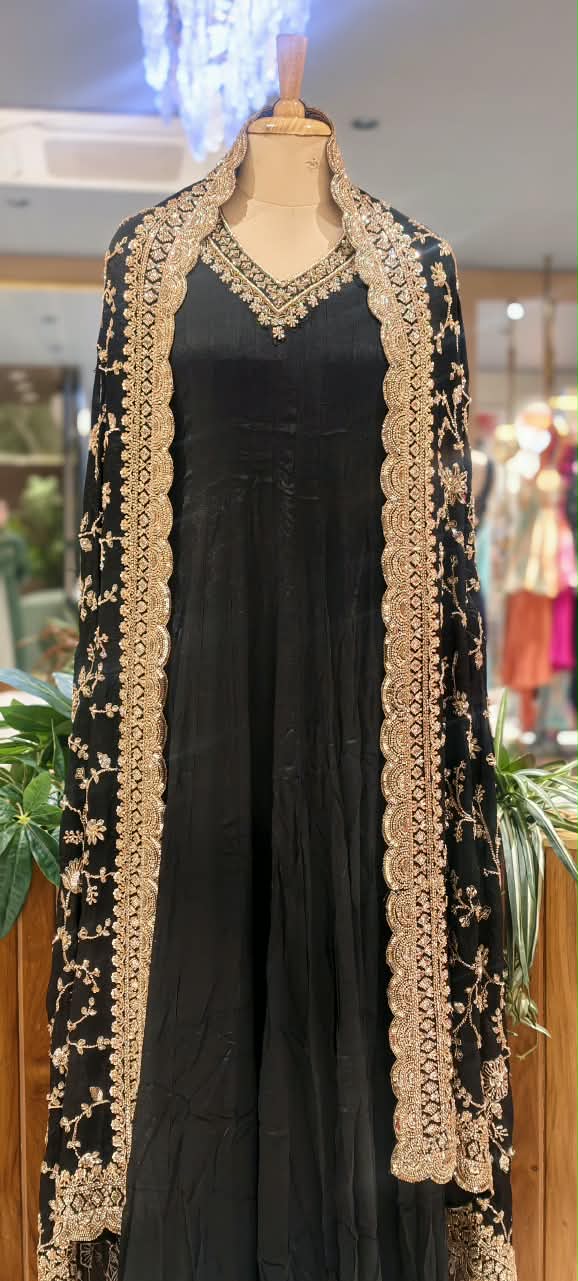 Premium Chinon Floral Sequin Scalloped Bordered Heavy Flared Anarkali Suit With Matching Dupatta- 16623