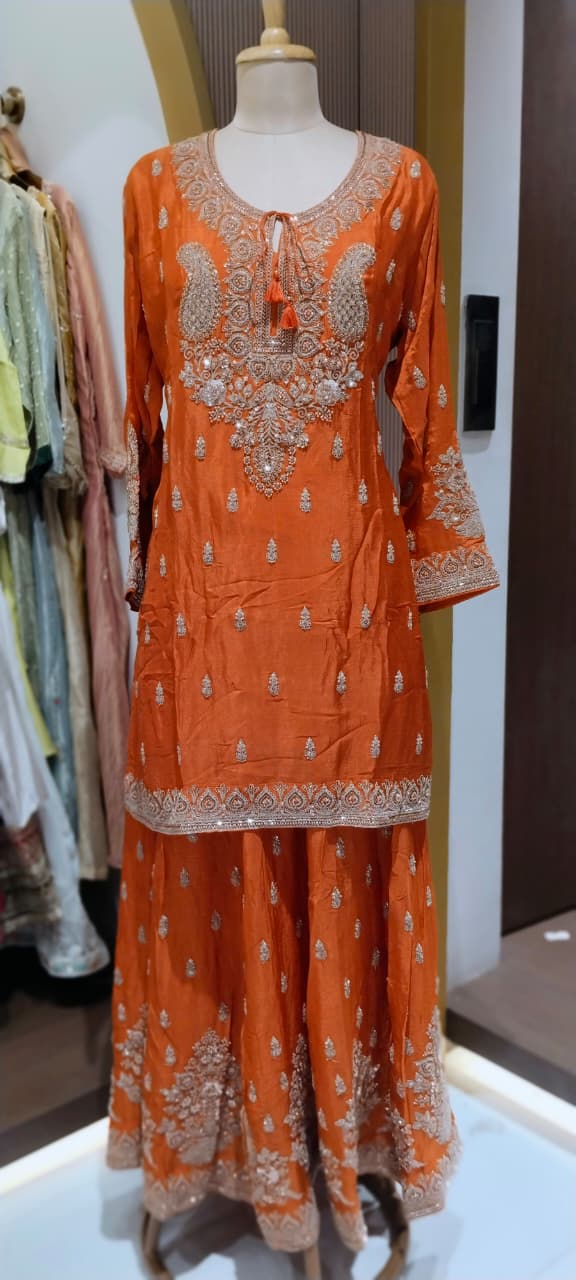 Paisley Kalka Motif Zardozi Festive Elegance Hand-Embroidered Short Length Chinon Kurta With Matching Flared Bottom & Dupatta- 16618