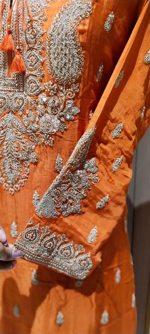 Paisley Kalka Motif Zardozi Festive Elegance Hand-Embroidered Short Length Chinon Kurta With Matching Flared Bottom & Dupatta- 16618