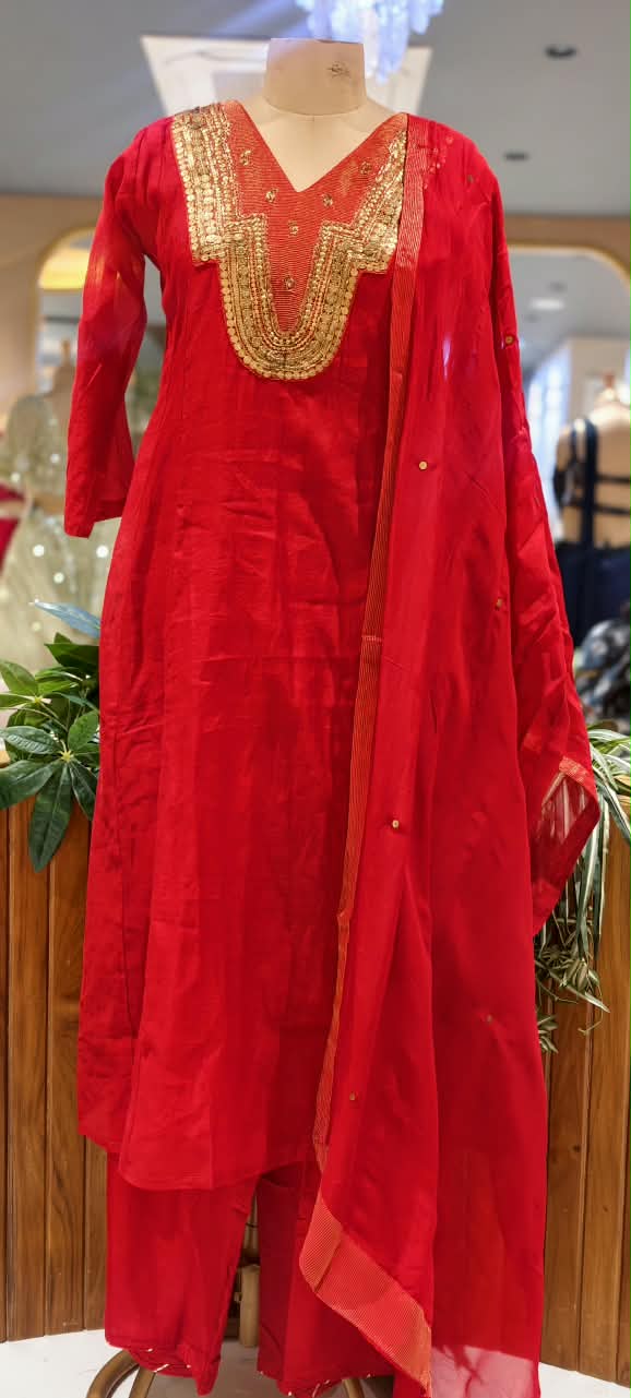 Heavy Sequin Tissue Patch Placement Embroidery Yoke Mul-Chanderi A-Line Full Suit Set With Dupatta-