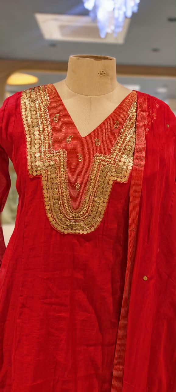 Heavy Sequin Tissue Patch Placement Embroidery Yoke Mul-Chanderi A-Line Full Suit Set With Dupatta-
