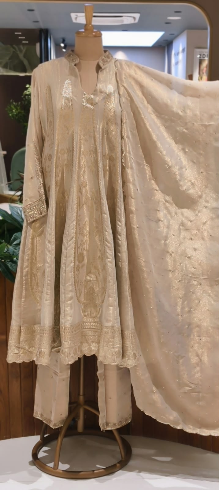 Ivory & Gold Tissue Silk Kalidar Premium Tissue Anarkali Full Suit Set with Heavily Marodi Embellished Dupatta- 16628