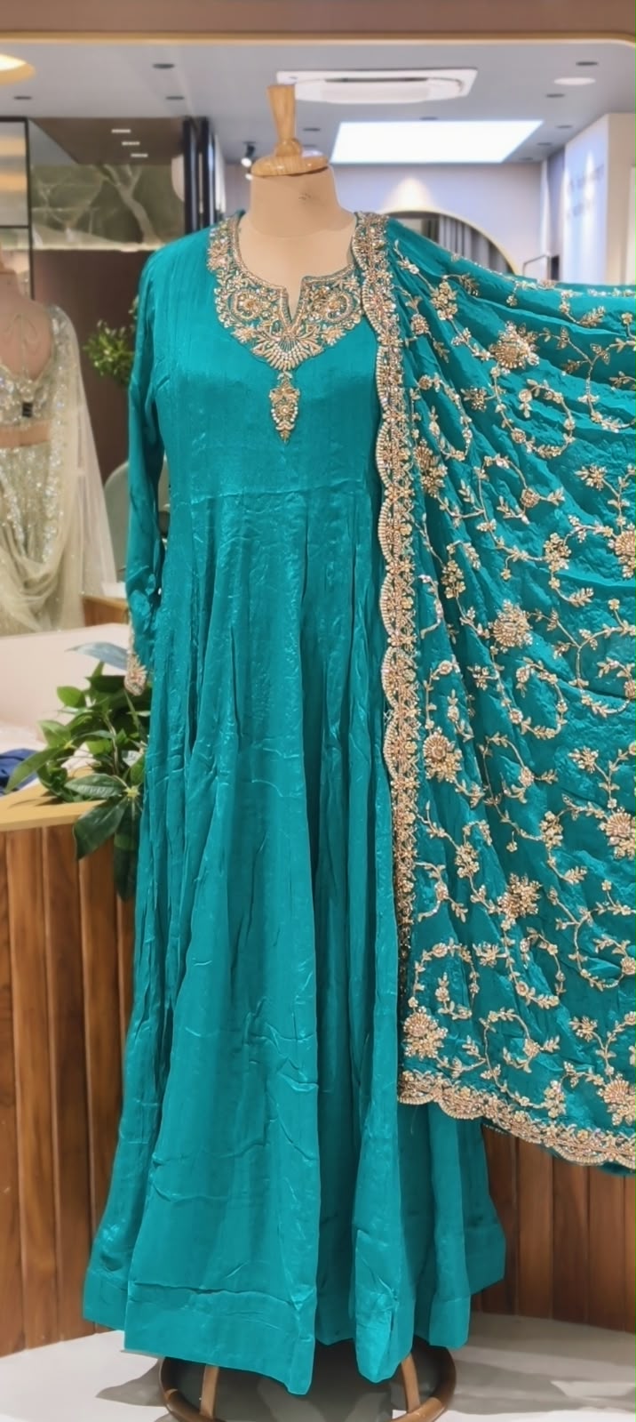 Traditional Gold Metallic Hand Embellished Chinon Panel Anarkali Suit With Dense Scalloped Cutwork Dupatta- 16617