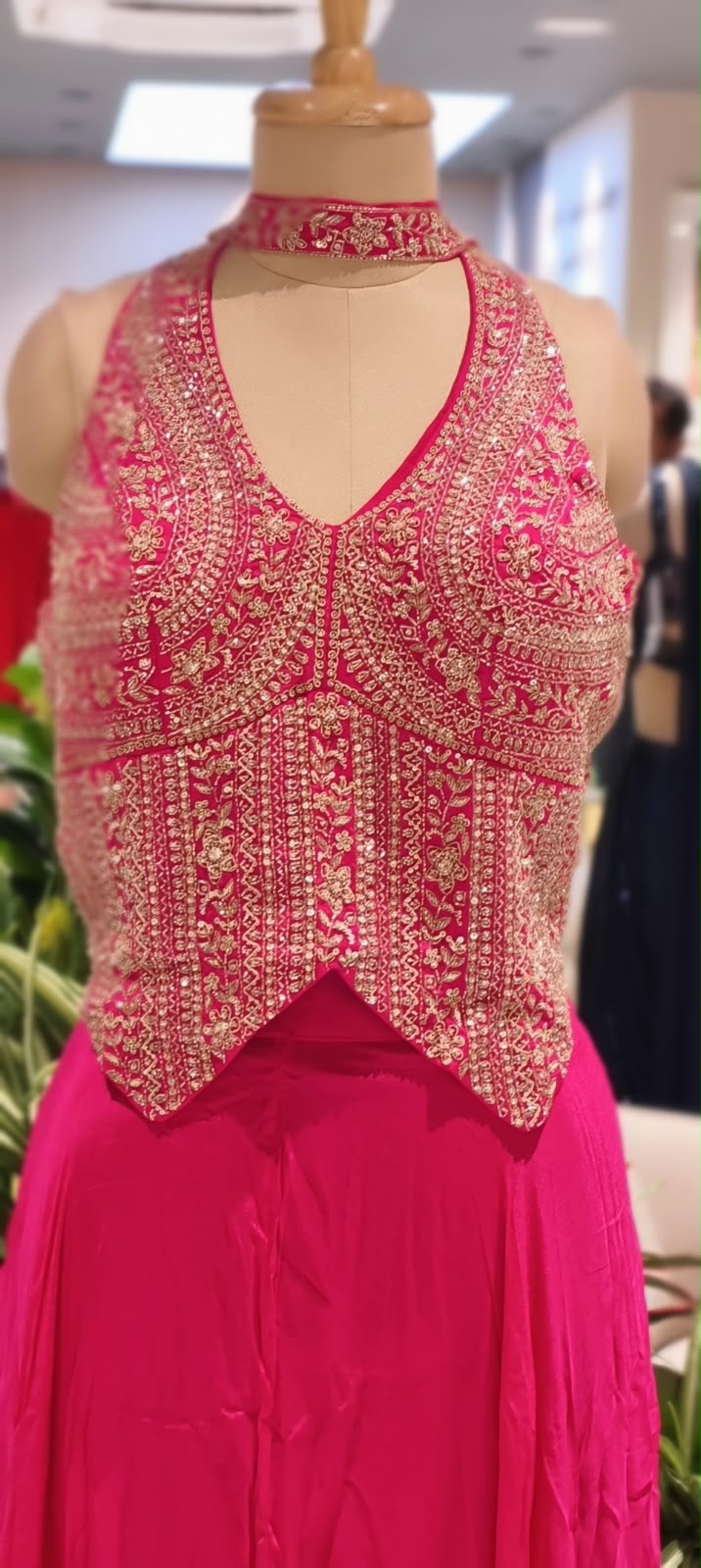 Sequin & Cut-Dana Handwork Encrusted Halter Neck Crop Top with Flowy Chinon Flared Palazzo Bottom & Chowker Dupatta- 16622