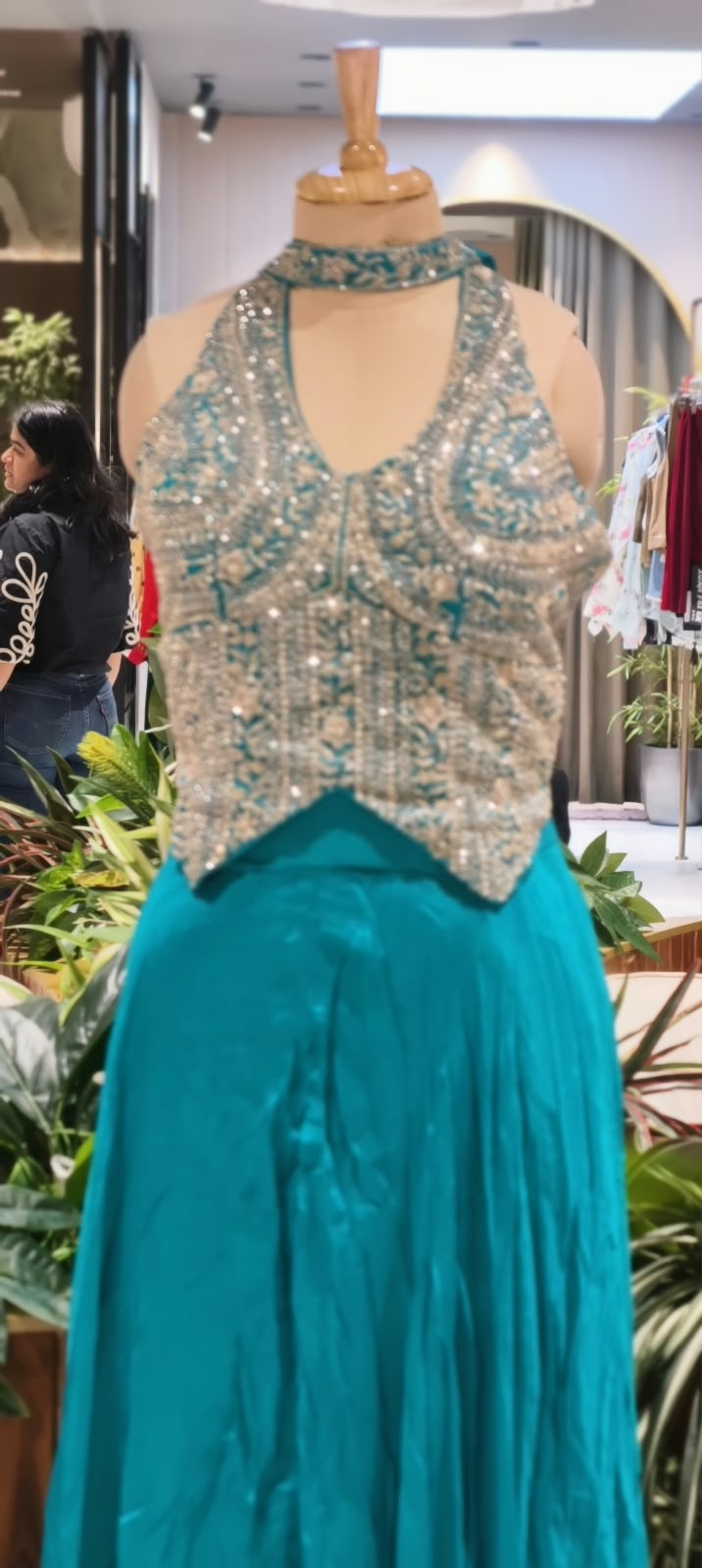 Sequin & Cut-Dana Handwork Encrusted Halter Neck Crop Top with Flowy Chinon Flared Palazzo Bottom & Chowker Dupatta- 16622