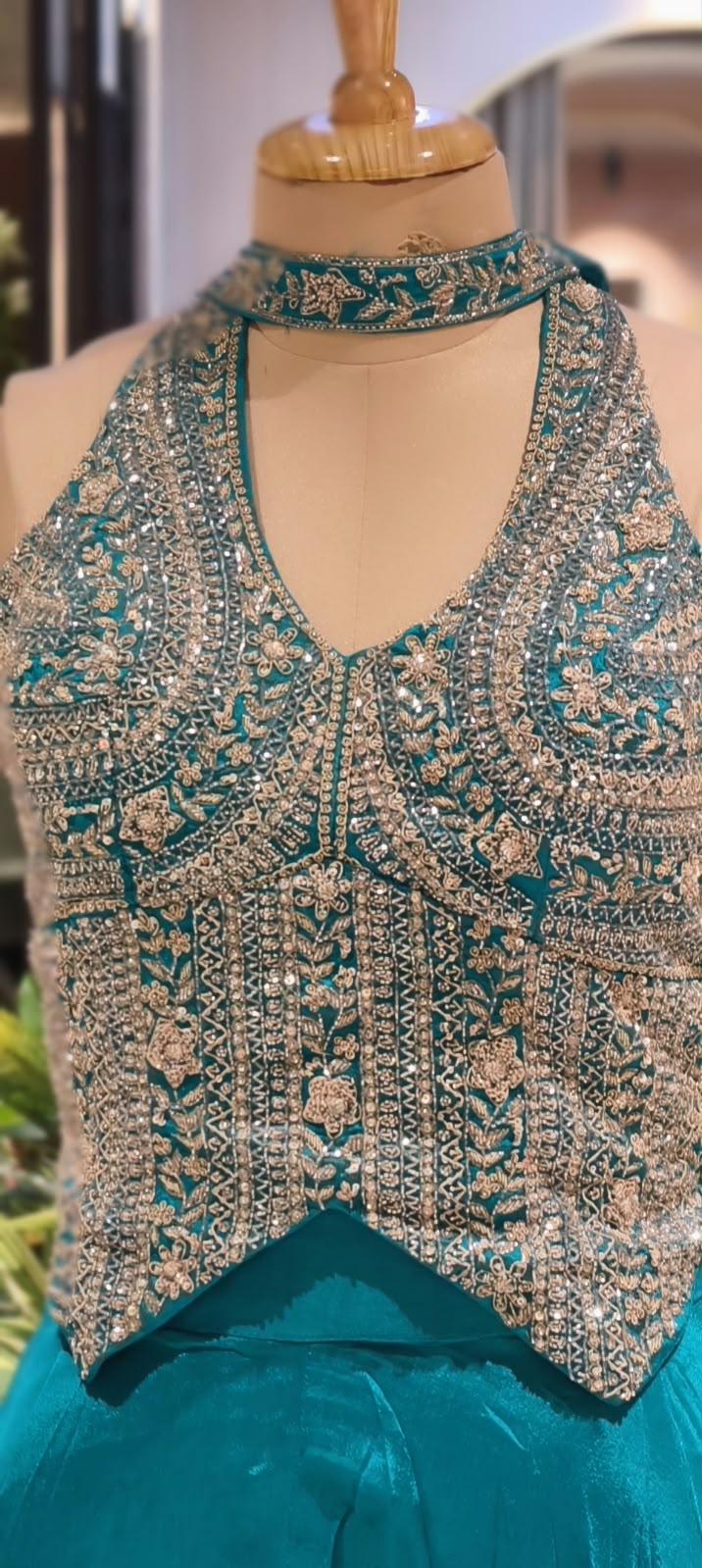 Sequin & Cut-Dana Handwork Encrusted Halter Neck Crop Top with Flowy Chinon Flared Palazzo Bottom & Chowker Dupatta- 16622