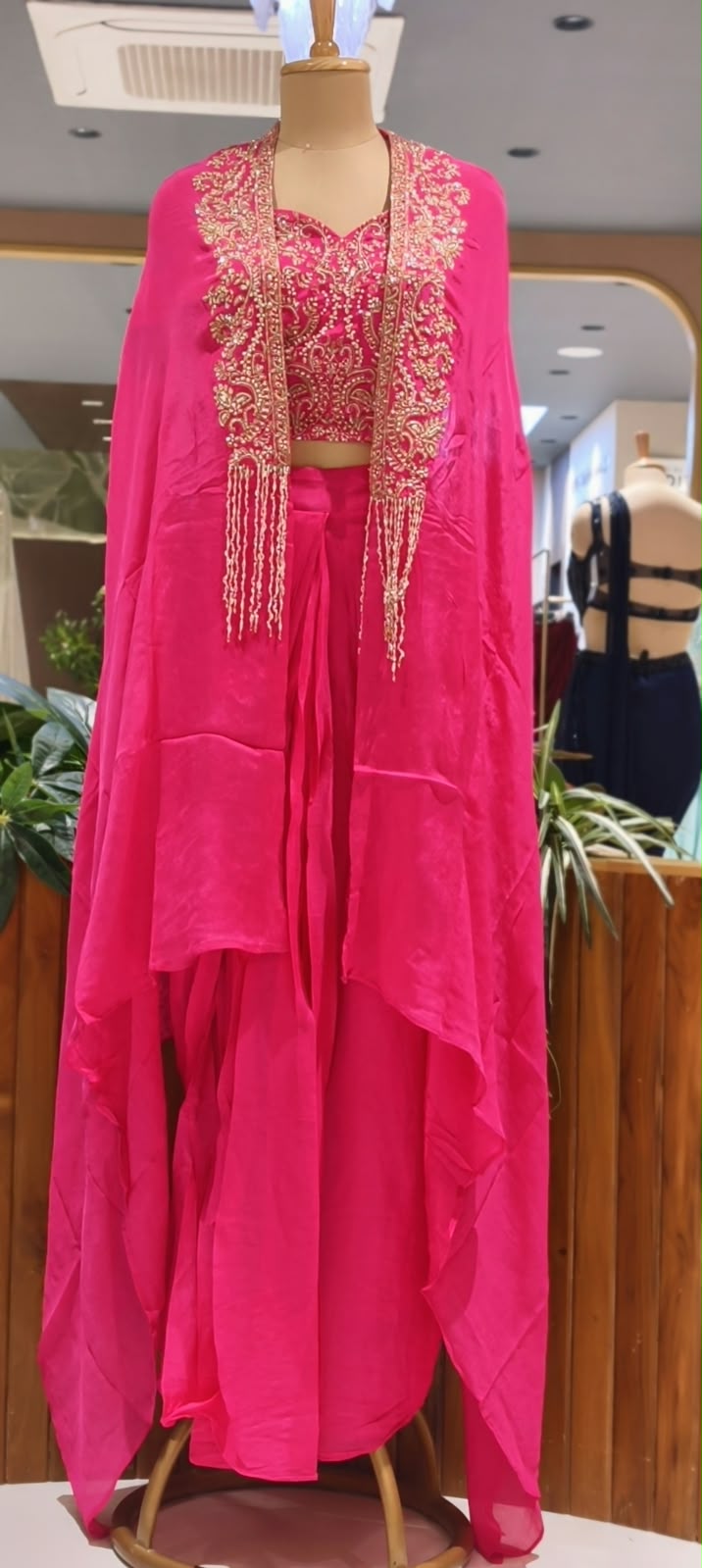 Hand Embellished Bustier With Chinon Drape Skirt Set & Matching Flowy Cape Featuring Intricate Tassels Detailing- 16633