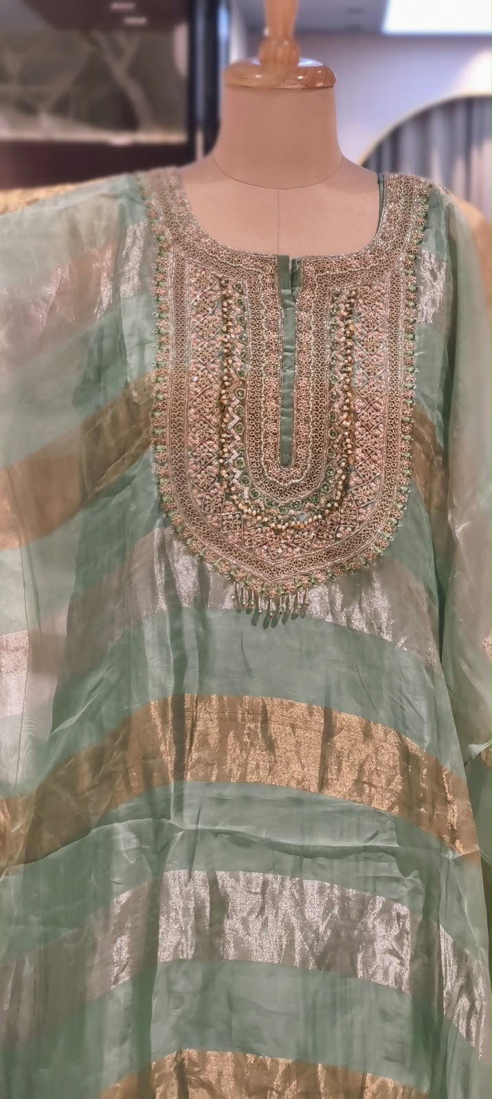 Pure Tissue Golden Metallic Striped Kaftan Set with Heavy Yoke Embroidery & Matching Bottom- 16625