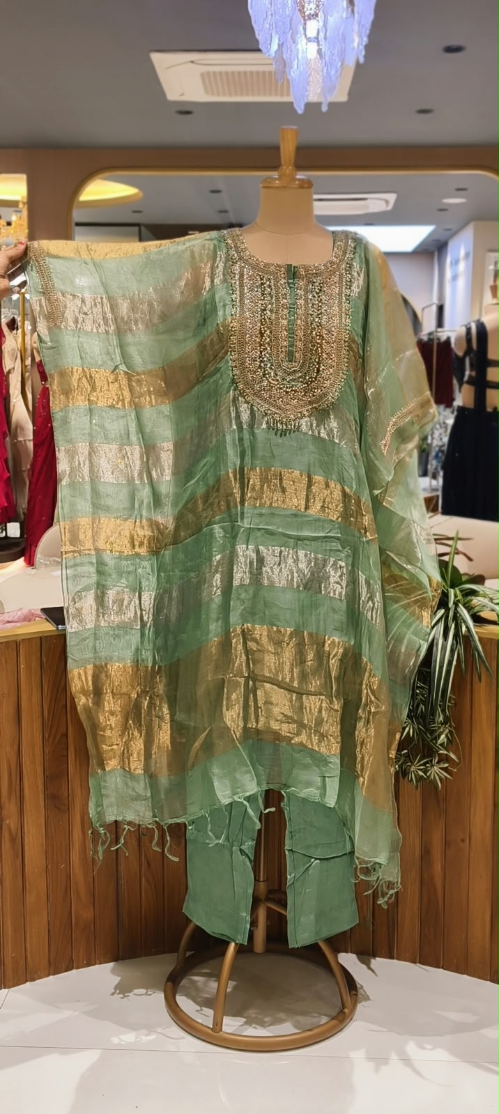 Pure Tissue Golden Metallic Striped Kaftan Set with Heavy Yoke Embroidery & Matching Bottom- 16625