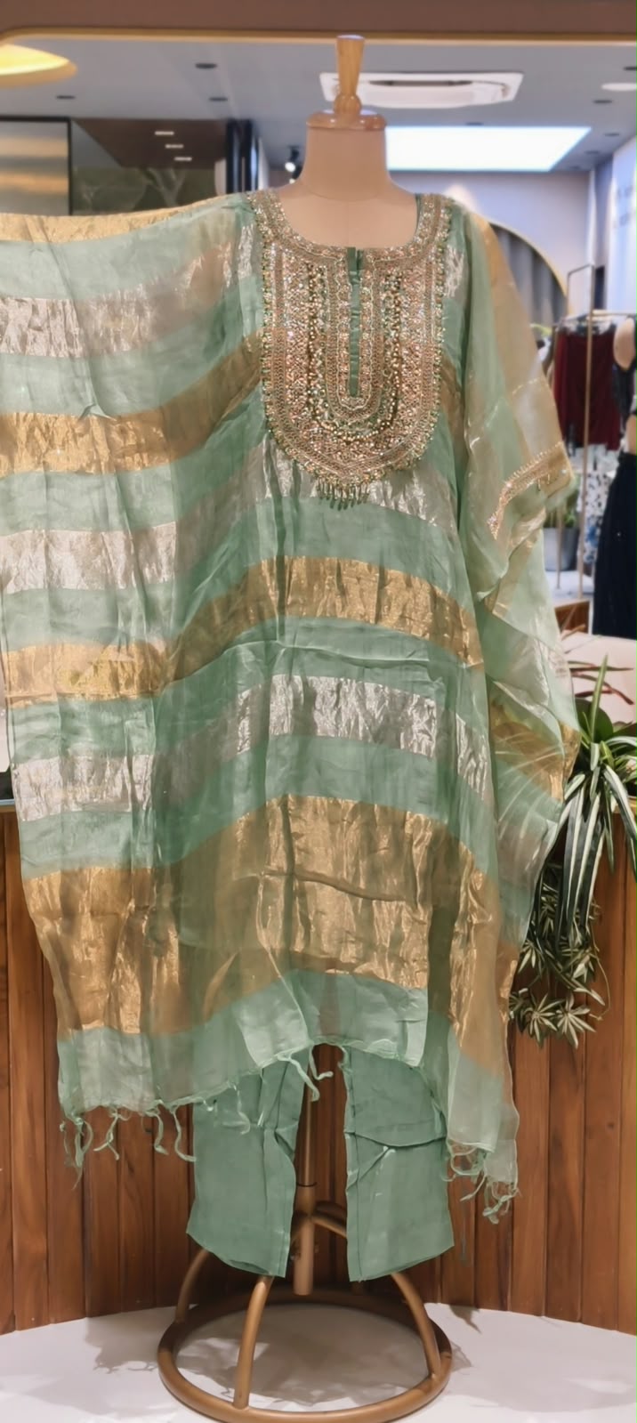Pure Tissue Golden Metallic Striped Kaftan Set with Heavy Yoke Embroidery & Matching Bottom- 16625