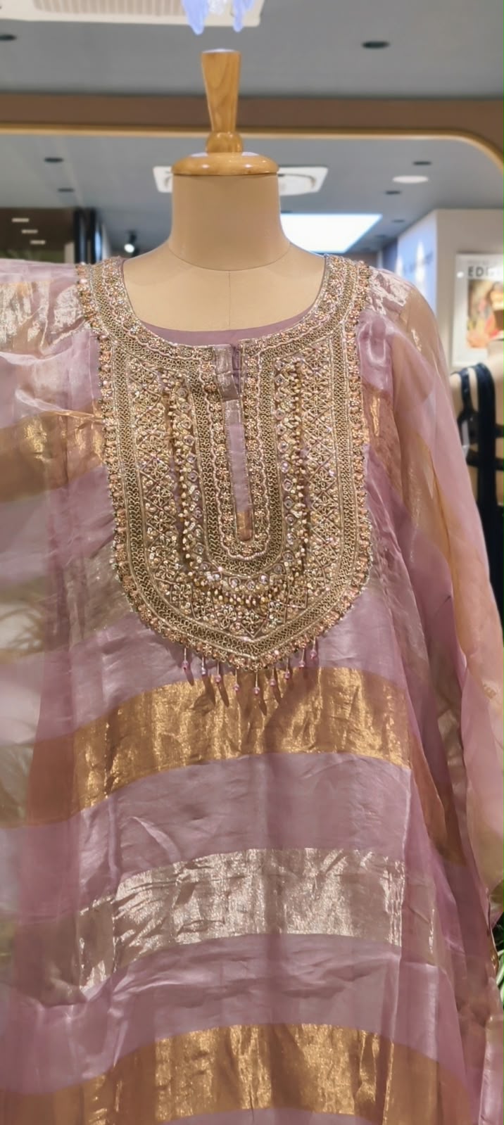 Pure Tissue Golden Metallic Striped Kaftan Set with Heavy Yoke Embroidery & Matching Bottom- 16625