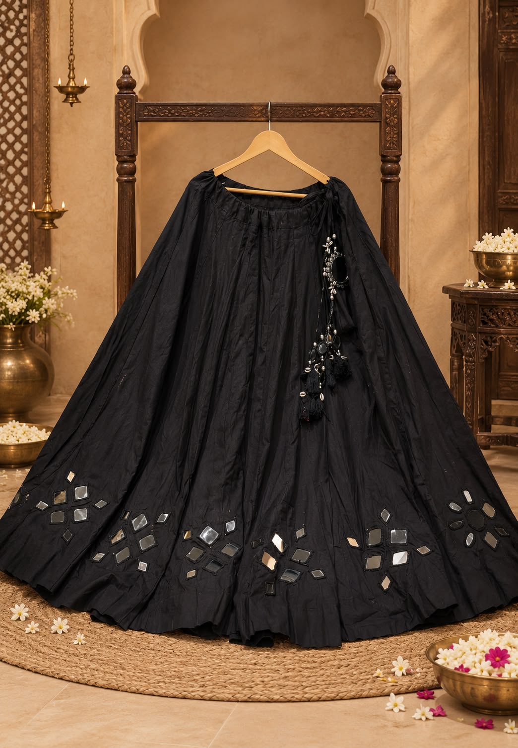 Heavily Flared Exclusive Skirt With Panels & Real Mirror Embroidery Work With Elegant Side Tassel- 16608