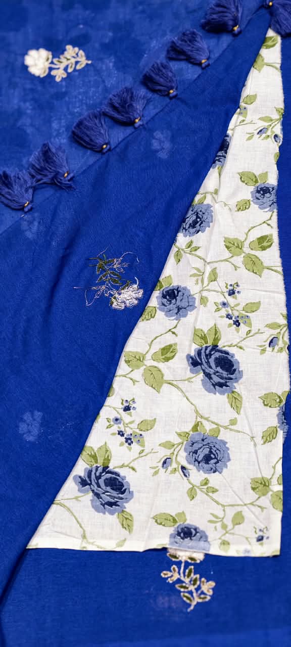 Royal Blue Handloom Saree with Floral Embroidery, Contrast Printed Blouse & Statement Tassel Detailing-16611