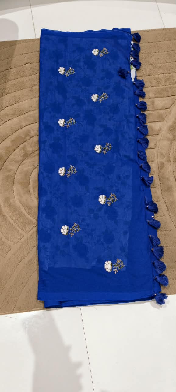 Royal Blue Handloom Saree with Floral Embroidery, Contrast Printed Blouse & Statement Tassel Detailing-16611