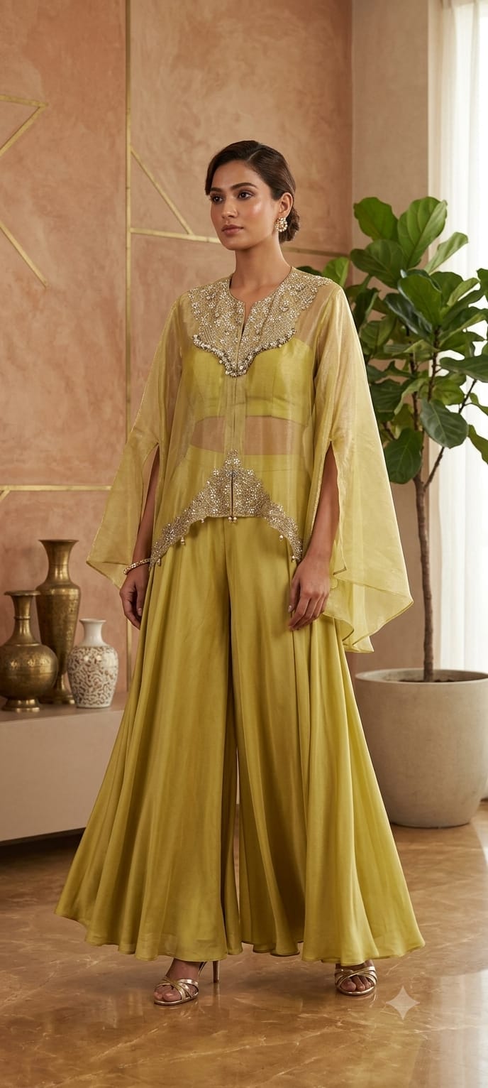 Shimmer Tissue Grace Heavy Hand Embroidery Cape With Padded Bustier & Palazzo Bottom- 16515