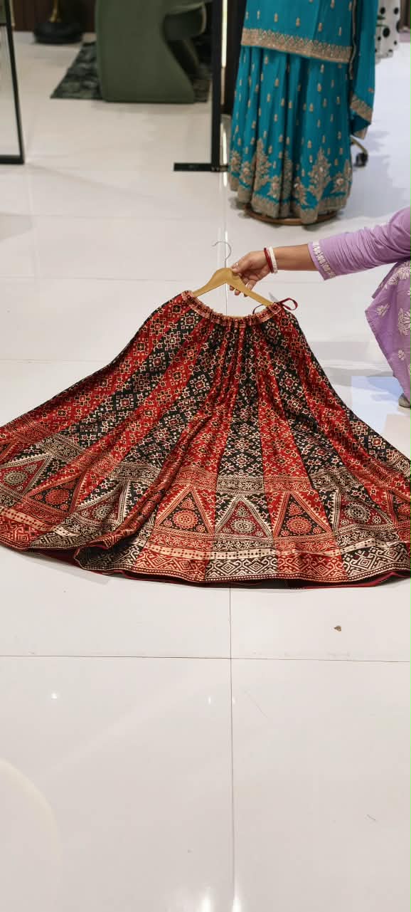 Multi Traditional Print Flared Butter Shine Gajji Silk Ethnic Panel Skirt- 16651