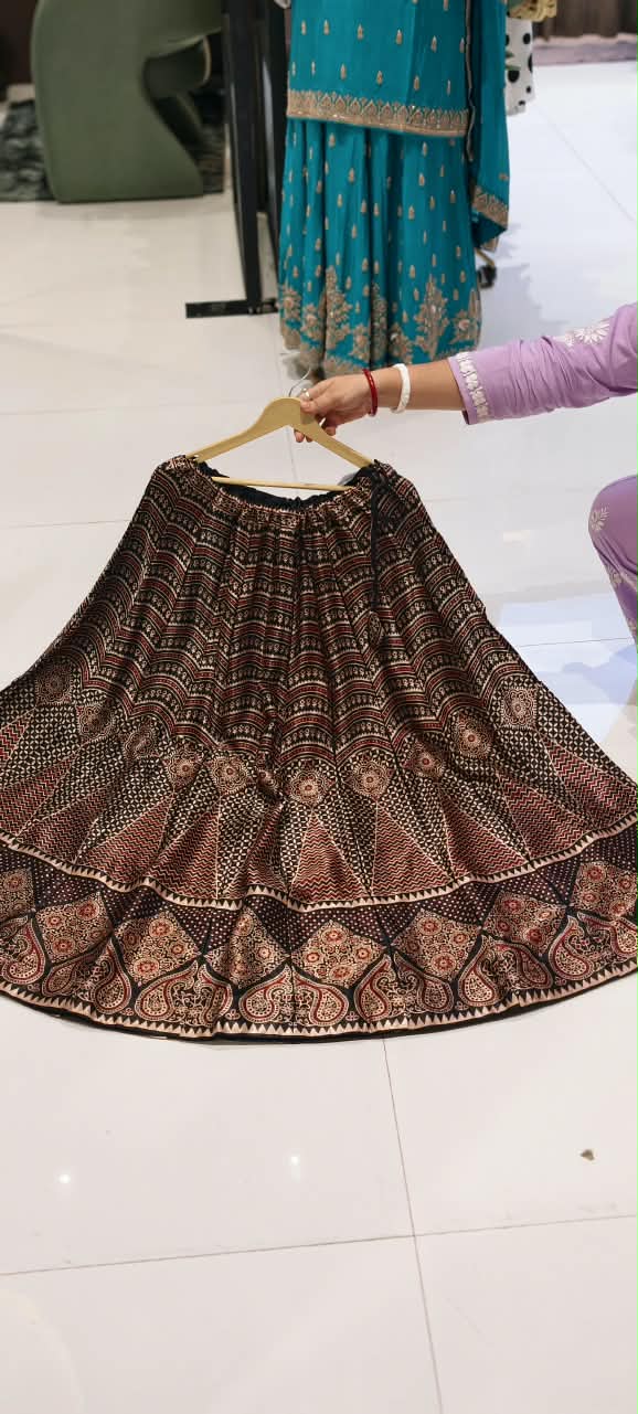 Multi Traditional Print Flared Butter Shine Gajji Silk Ethnic Panel Skirt- 16651