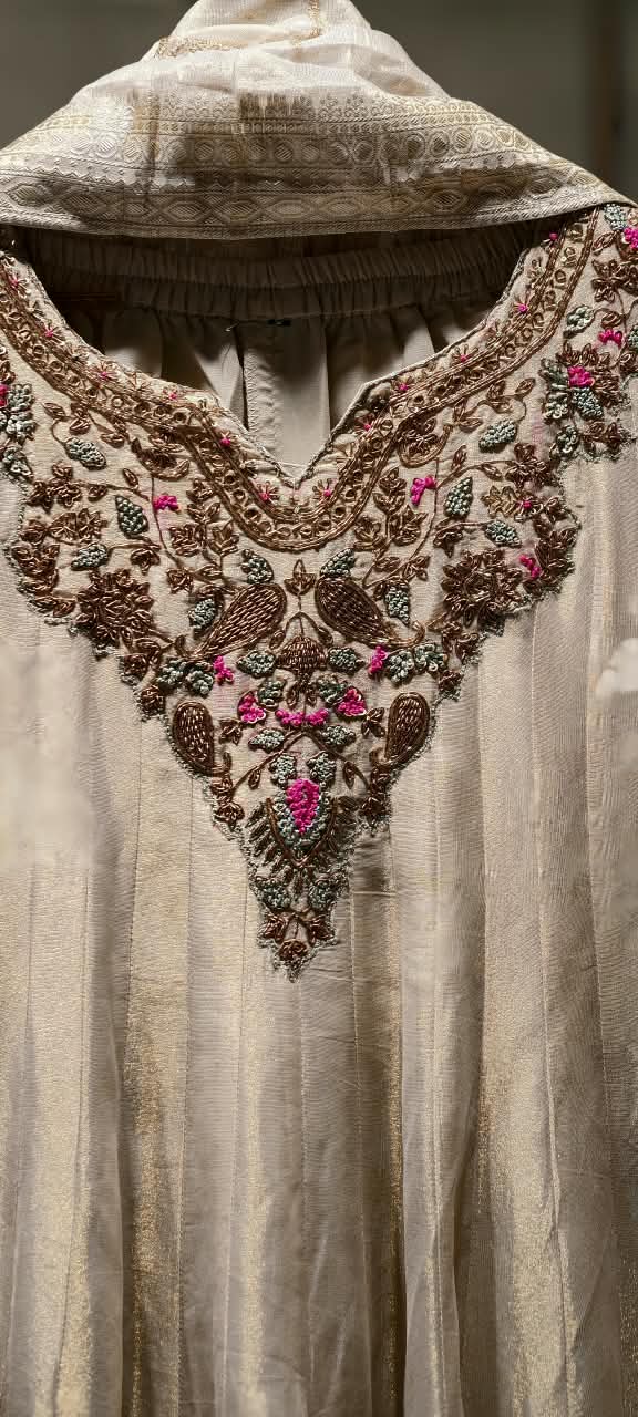 Opulent Tissue Silk Anarkali Suit with Multi-Color Zardozi and Pink Floral Embroidery- 16586