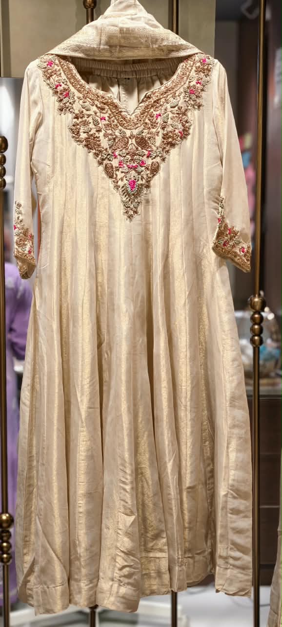 Opulent Tissue Silk Anarkali Suit with Multi-Color Zardozi and Pink Floral Embroidery- 16586