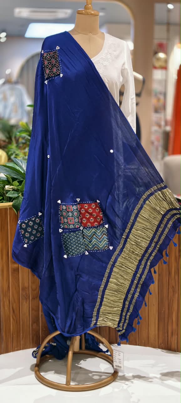 Kalamkari Artistic Traditional Motif With Golden Zari Touch Bordered Dupatta- 16656