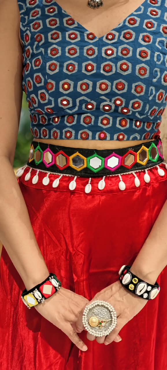Handcrafted Mirror Work Flower & Cowrie Shell Ethnic Kamarbandh Belt-RB980