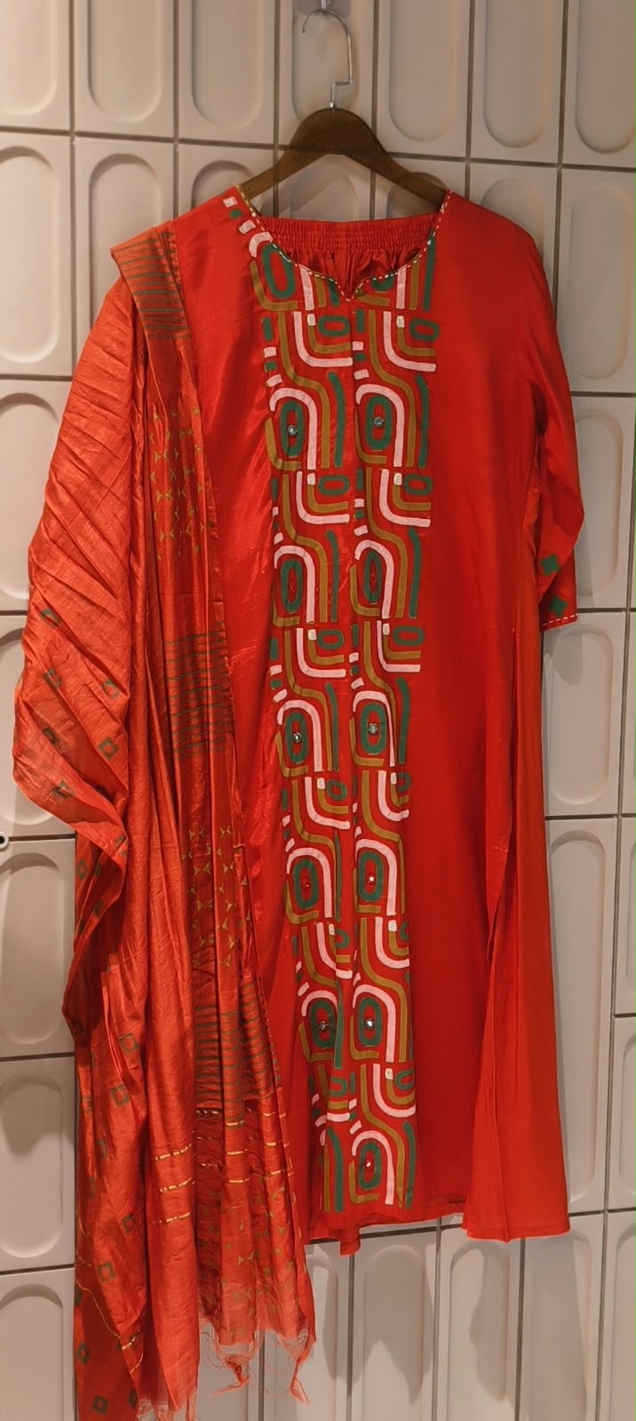 Illusional Print Patch Work Blunt Orange Straight Cut Cotton Full Suit Set With Dupatta- 16555