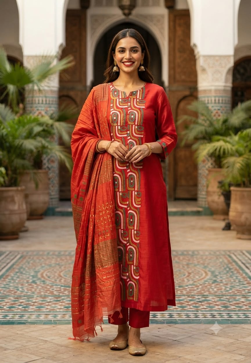 Illusional Print Patch Work Blunt Orange Straight Cut Cotton Full Suit Set With Dupatta- 16555