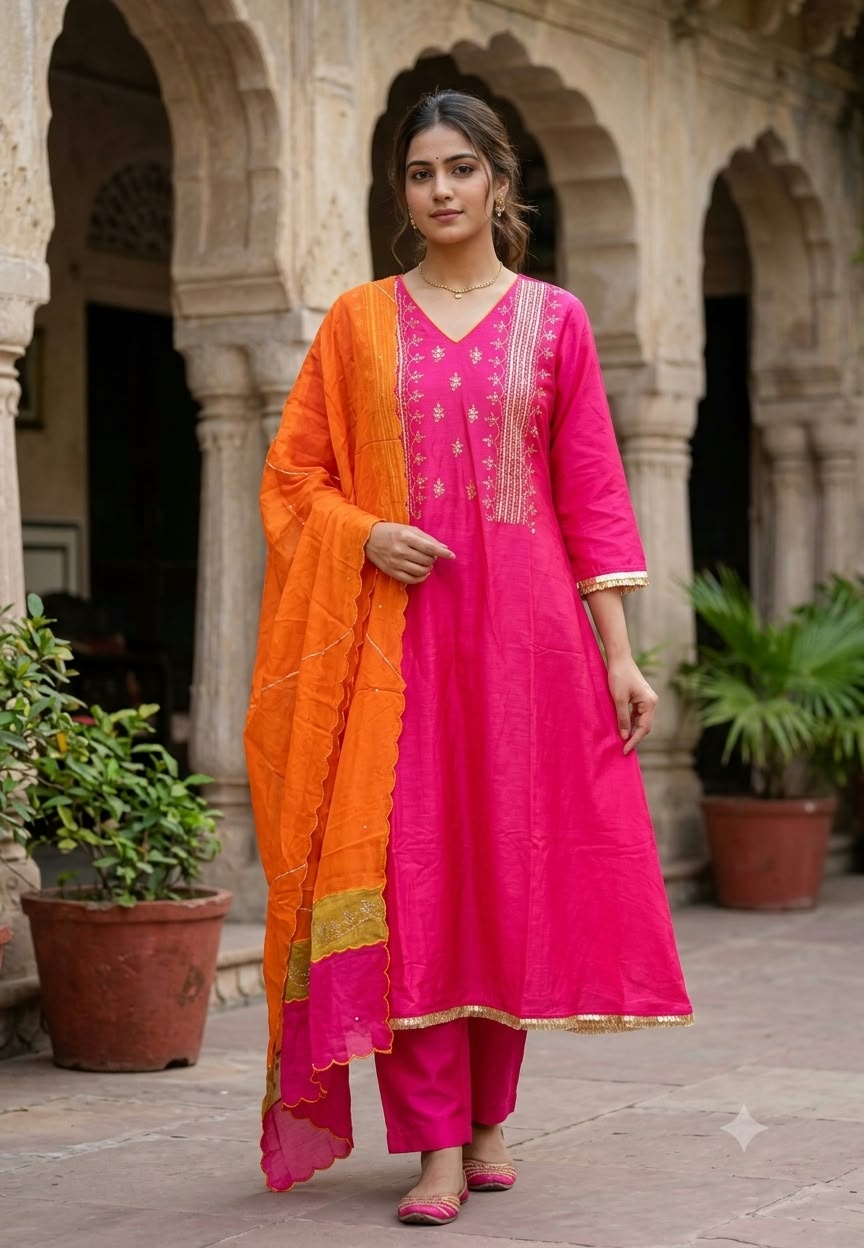 Delicate Sequin Embroidery Touch Vibrant Multi Color A-Line Mul-Chanderi Full Suit Set With Dupatta- 16639
