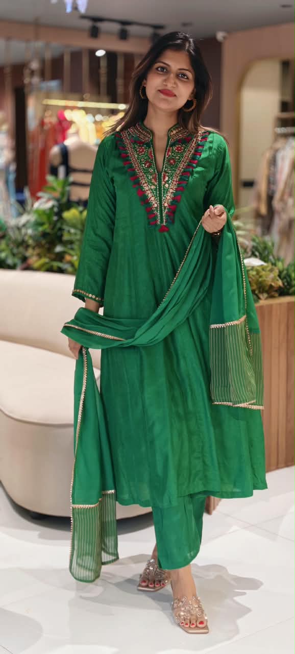 Emerald Green Silk Embroidered Rayon Kurta with Intricate Multicolor Mirror & Thread Work Tassel Detailing Matching Dupatta and Bottom- 16580
