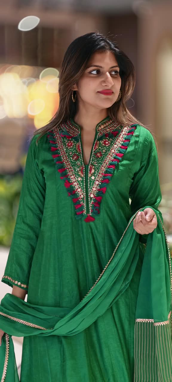 Emerald Green Silk Embroidered Rayon Kurta with Intricate Multicolor Mirror & Thread Work Tassel Detailing Matching Dupatta and Bottom- 16580