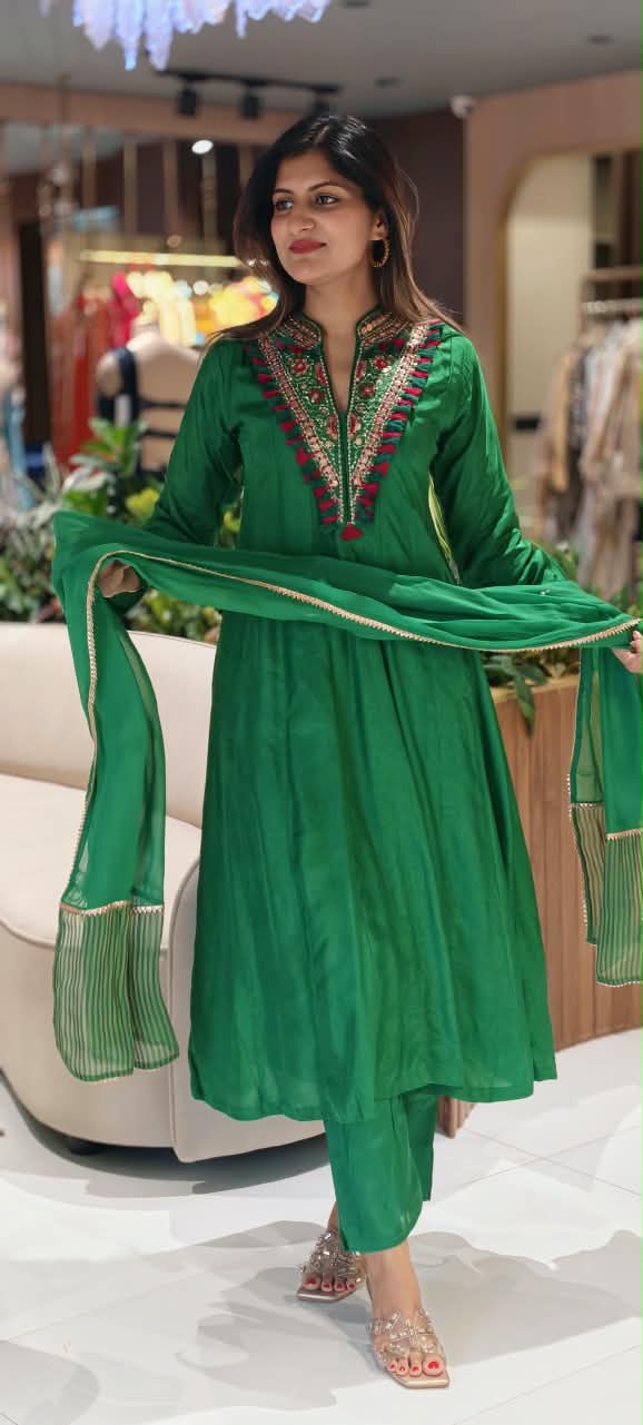 Emerald Green Silk Embroidered Rayon Kurta with Intricate Multicolor Mirror & Thread Work Tassel Detailing Matching Dupatta and Bottom- 16580