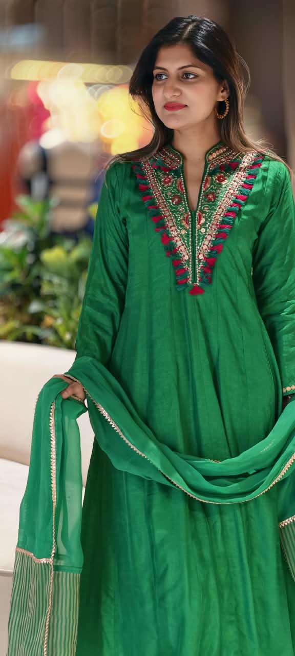 Emerald Green Silk Embroidered Rayon Kurta with Intricate Multicolor Mirror & Thread Work Tassel Detailing Matching Dupatta and Bottom- 16580