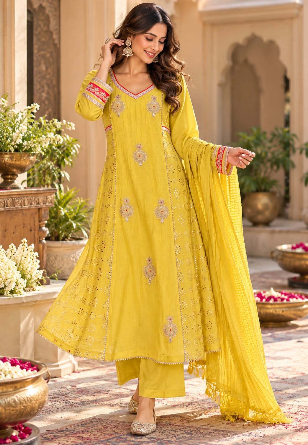 Pure Mul Chanderi Embroidered Anarkali Suit with Intricate Sequin & Zari Detailing,Designer Neckline Full Suit- 16593