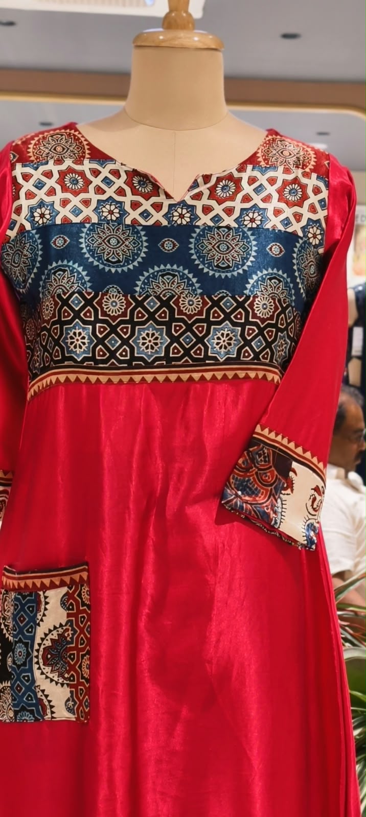 Shiny Gajji Silk Ajrak Patch Work With Pocket Aline Frock Type Kurti Only-16657