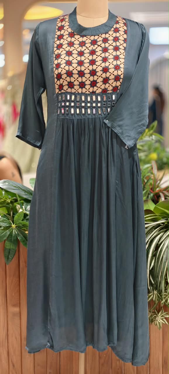 Stylish Modal Satin Kalamkari Patch Yoke With Real Mirror Work Ankle Length Frock Only-16652