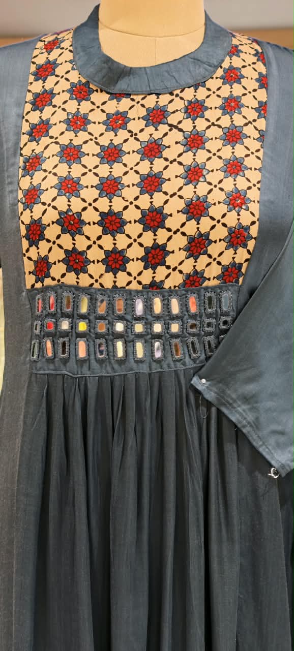 Stylish Modal Satin Kalamkari Patch Yoke With Real Mirror Work Ankle Length Frock Only-16652