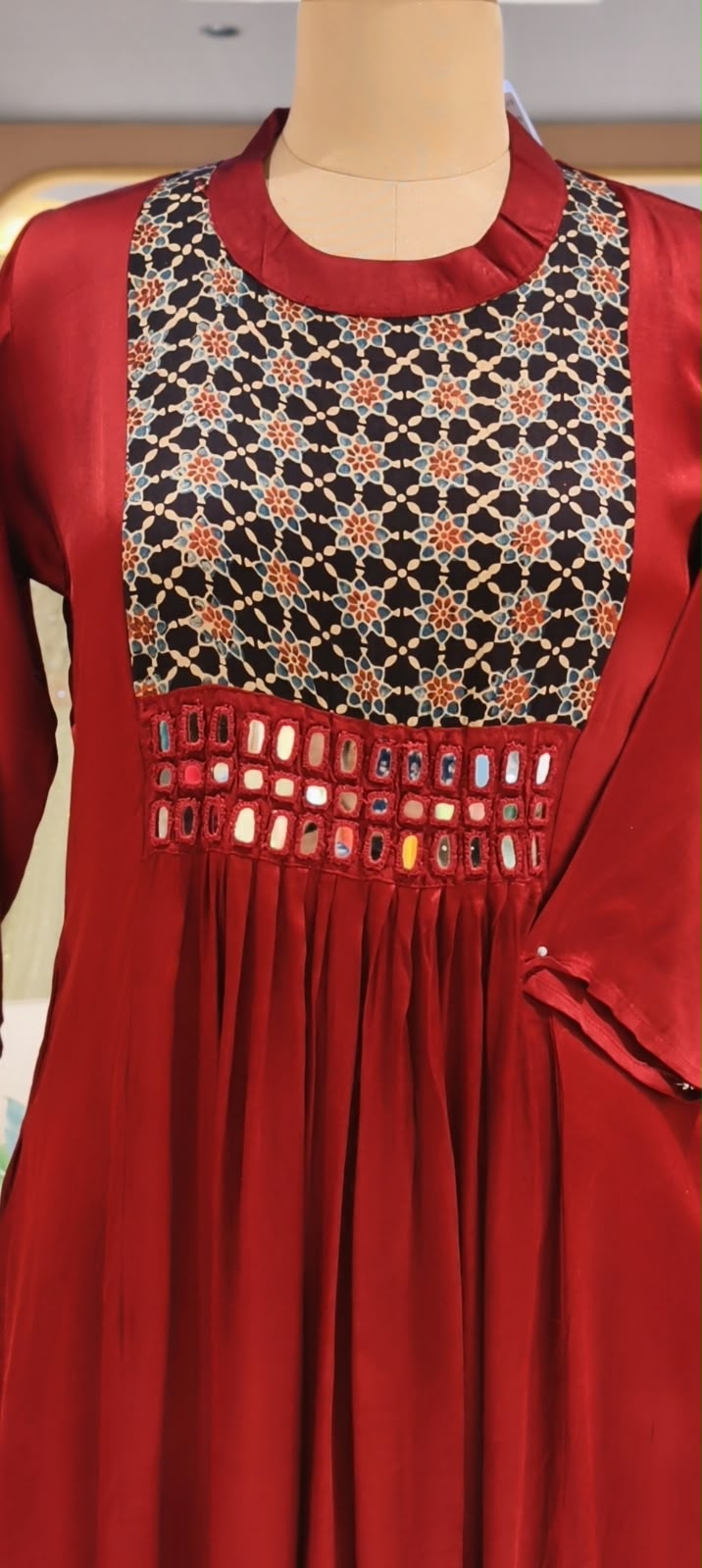 Stylish Modal Satin Kalamkari Patch Yoke With Real Mirror Work Ankle Length Frock Only-16652