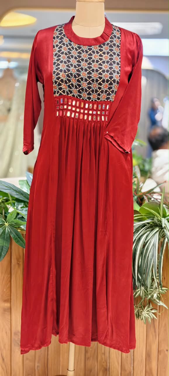 Stylish Modal Satin Kalamkari Patch Yoke With Real Mirror Work Ankle Length Frock Only-16652