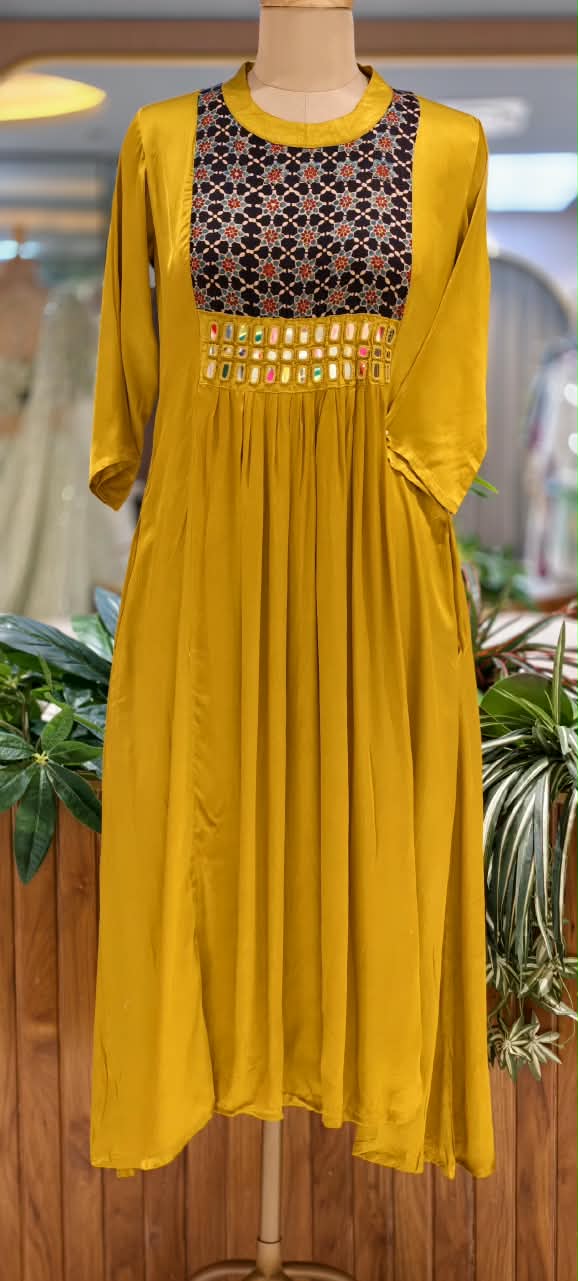 Stylish Modal Satin Kalamkari Patch Yoke With Real Mirror Work Ankle Length Frock Only-16652