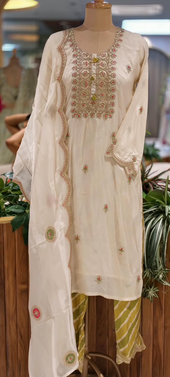 Russian Silk Vibrant Lehriya Bottom Embroidered Full Suit Set with Organza Dupatta- 16661