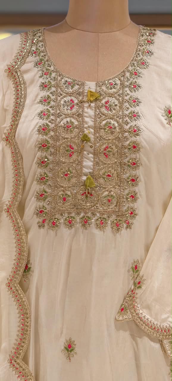 Russian Silk Vibrant Lehriya Bottom Embroidered Full Suit Set with Organza Dupatta- 16661