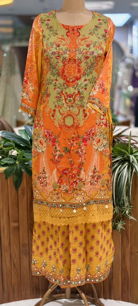 Digital Floral Print Embroidered Crepe Full Suit Set With Printed Loose Palazzo Bottom with Crosia Lace Detailing -16535