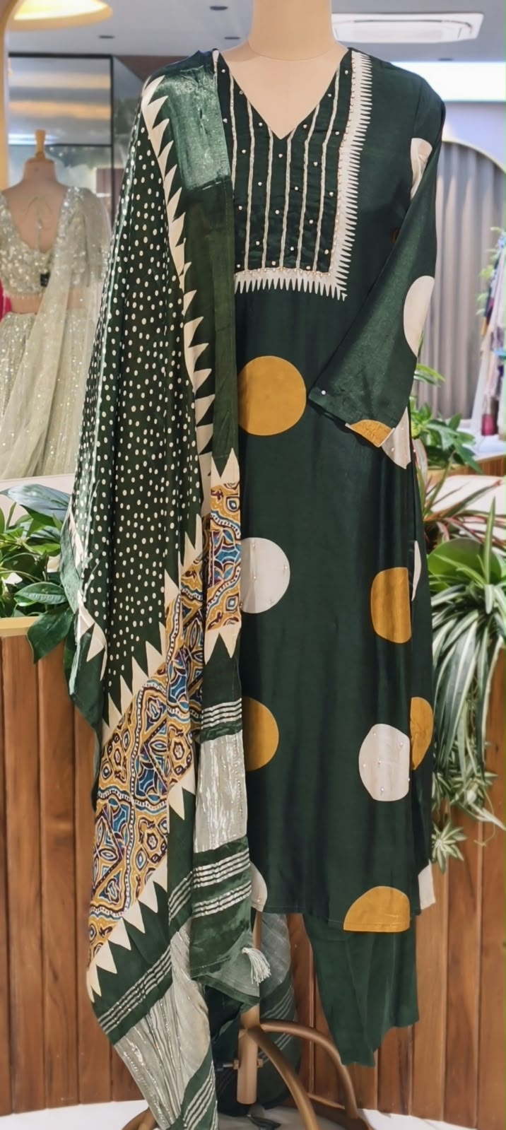 Dark Green Russian Silk Full Suit Set With Polka Dot Kurta, Plain Bottom & Gajji Silk Dupatta- 16598