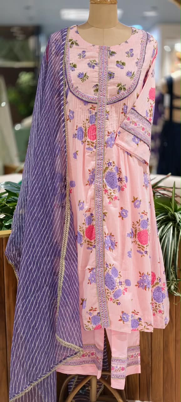 Beautiful Patterened Embroidered Pastel Pink Floral Print A-Line Cotton Full Suit Set with Kota Doria Dupatta-16672