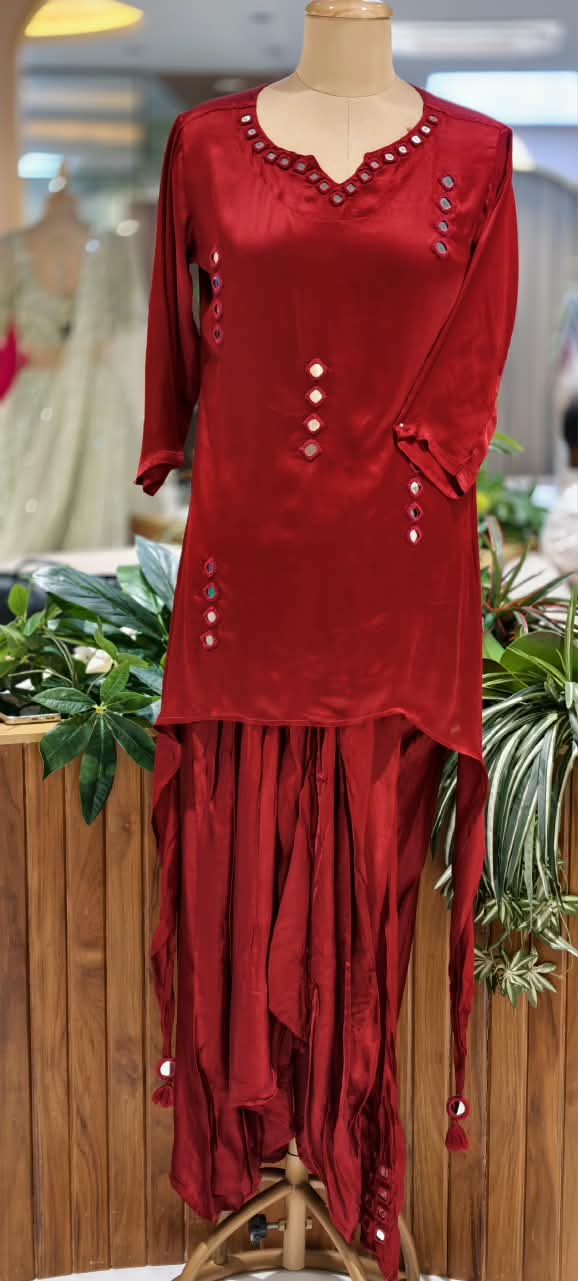 Real Mirror Solid Shade Gajji Silk Indo-Western High-Low Kurta with Dhoti Style Skirt- 16663