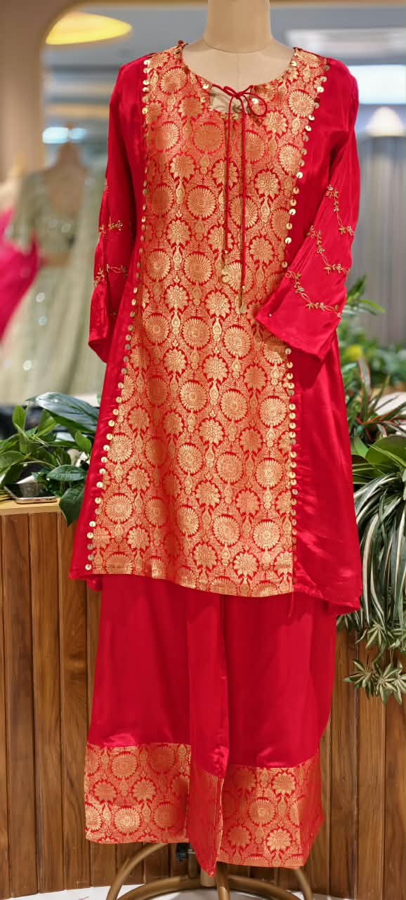 Designer Crepe Fabric Full Suit Set with Gold Brocade Yoke Panel and Traditional Palazzo Bottom Weaves- 16662