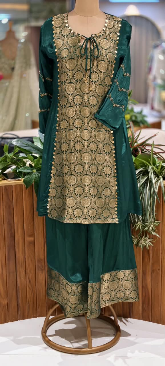 Designer Crepe Fabric Full Suit Set with Gold Brocade Yoke Panel and Traditional Palazzo Bottom Weaves- 16662
