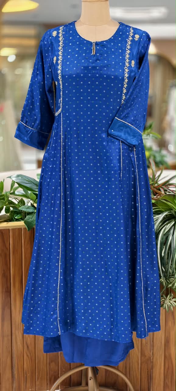 Electric Blue Russian Silk Bandhej Print With Elegant Minimal Motifs A-Line Full Suit Set With Dupatta- 16670
